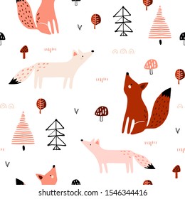 Seamless forest pattern with foxes, trees, mushrooms. Creative minimalistic kids for fabric, wrapping, textile, wallpaper, apparel. Vector illustration