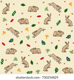 seamless forest pattern with hares and forest fruits, mushrooms, nuts and an acorn