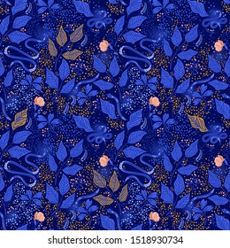 Seamless forest pattern with leaves, berries and snakes, blue night colors, vector illustration