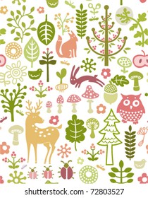 patrón de bosque fluido con animales pequeños