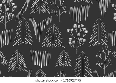 Patrón forestal sin problemas. Pezo de contorno gráfico monocromo, árboles y garabatos abstractos. Planta de madera para textil, papel pintado, envoltura.