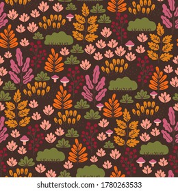 Sello forestal sin foco con hongos, bayas y hojas de otoño. Fondo de caída. Papel de pantalla.