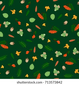 seamless forest pattern. Mushrooms chanterelles, acorns, mountain ash, hazelnut and leaves on a dark green background.