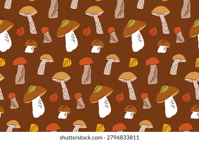 Seamless forest pattern with mushrooms and leaves, birch boletus, orange cap boletus, porcini mushroom, wild organic mushrooms in doodle style for fabric and paper