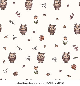 Seamless forest pattern with an owl for children in beige shades.