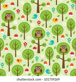  Seamless forest pattern with owls, birds, trees, leafs, mushrooms and flowers