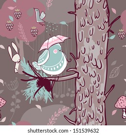 seamless forest pattern with pine tree and bird with umbrella
