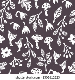 Seamless Forest Pattern with Plants, Mushrooms and Flowers on Dark Background