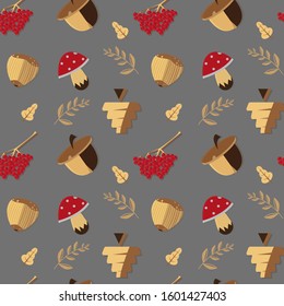 Seamless forest pattern with plants, mushrooms, cones and nuts on dark  background.Stock vector illustration