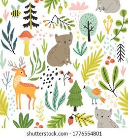 Seamless Forest pattern with wild animals, plants, trees and other elements. Cute hand drawn background. Vector illustration.