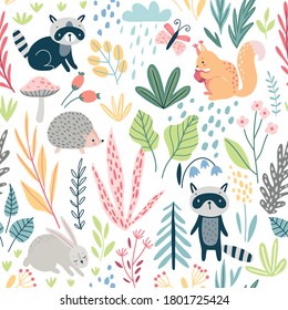 Seamless Forest pattern with wild animals, plants, trees and other elements. Cute hand drawn background. Vector illustration.