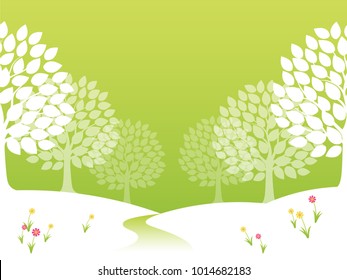 Seamless forest in spring on the fresh green background, vector illustration, Horizontally repeatable. 
