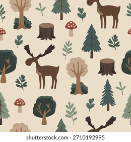 Textura de bosque sin fisuras con alces, setas, abetos, árboles y tocones. Para la tela, los textiles, los fondos, el Fondo de pantalla, y el papel de embalaje