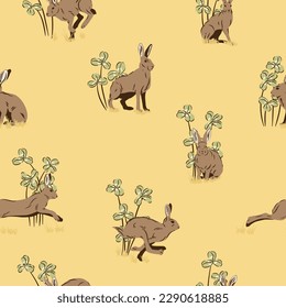 Seamless forest themed pattern. Hares and clover. Wild rabbits on bright yellow background. Vector illustration.