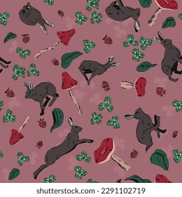 Seamless forest themed pattern. Hares, mushrooms, raspberries and clover. Wild rabbits, toadstools and berry bushes. Vector illustration.