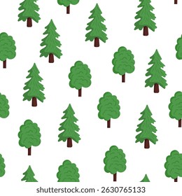 seamless forest tree pattern with cartoon pine and leafy trees on white background – nature kids design, eco wallpaper, woodland vector illustration