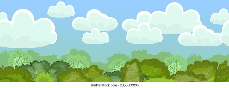 Seamless forest. Treetops and sky. Illustration nature landscape. Dense foliage. Summer. View of the green trees. Cartoon flat style. Vector.