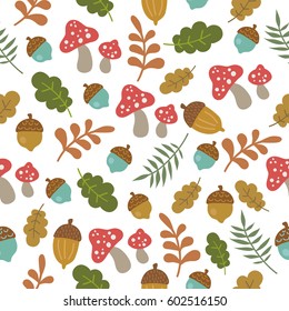 Seamless forest vector pattern with cute  acorn, amanita and foliage in cartoon style on white background. Perfect for gift wrapping, wallpaper, children`s room, clothing and postcard.