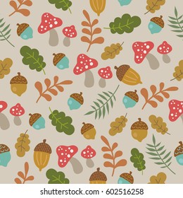 Seamless forest vector pattern with cute  acorn, amanita and foliage in cartoon style. Perfect for gift wrapping, wallpaper, children`s room, clothing and postcard.