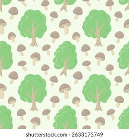 Seamless forest vector pattern featuring green trees and brown mushrooms on a light background