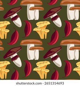 Seamless forest-themed pattern with chanterelles, porcini, and leaves on dark background. Ideal for autumn packaging, fabric prints, and rustic or culinary seasonal designs