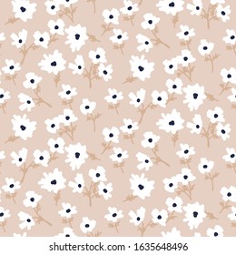 Seamless forget-me-not floral pattern with tiny leaves hand drawn style beige colors.