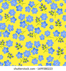 Seamless forget-me-not pattern, tiny blue flowers, tiny purple blossom, bright yellow background.  
