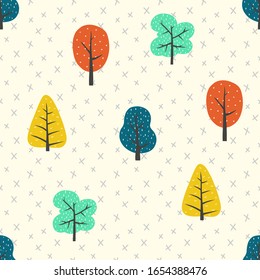 Seamless forrest pattern with colorful trees. Cute childish texture for fabric, textile, apparel, nursery decoration. Vector illustration