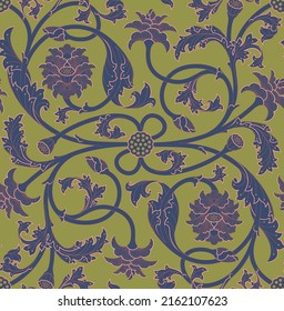 Seamless four tone pattern of ornamental, Indian lotus flowers, buds, bods, leaves and tendrils in pink, red, olive green and dark blue