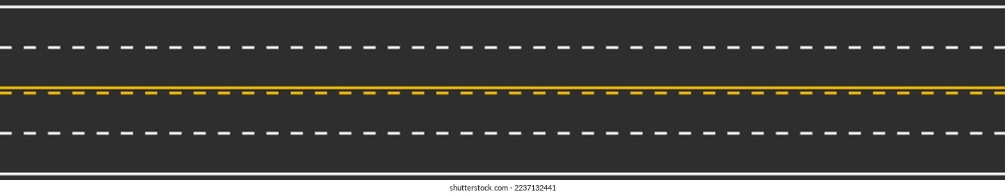 Seamless four-lane traffic road marking with dashed white lines and yellow solid and dashed lines. Horizontal straight asphalt road. Top view. Template design for educational websites. Vector