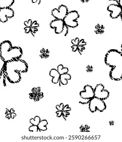 Seamless four-leaf clover vector pattern on a white background. Perfect for St. Patrick’s Day designs, packaging, textiles, and festive decorations. Clean, simple, and versatile lucky clover