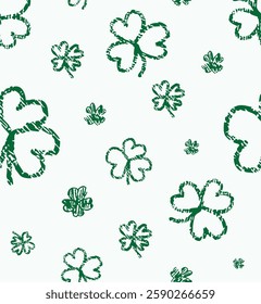 Seamless four-leaf clover vector pattern on a white background. Perfect for St. Patrick’s Day designs, packaging, textiles, and festive decorations. Clean, simple, and versatile lucky clover