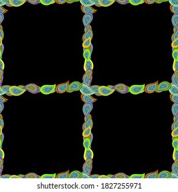 Sin inconveniente. Foursquare enframes doodles. Vector. Imagen en color negro, azul y amarillo.
