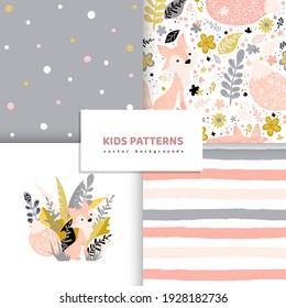 Seamless Fox animal pattern set. Cute childish seamless pattern in cartoon style.