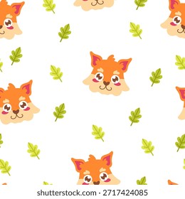 Modelo inconsútil del zorro con los animales lindos del bosque de la historieta y las hojas del otoño. Ilustración vectorial lúdica perfecta para los textiles de los niños, la decoración de la guardería, papel de regalo, Fondos de pantalla y productos para bebés. Diseño brillante y amigable adecuado para niños y temas educativos.