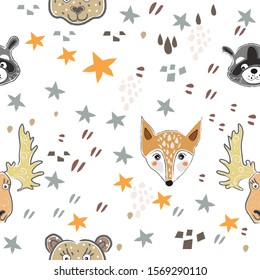 Seamless fox pattern with cute heads of animals, stars and abstract shapes. Cute Scandinavian Style