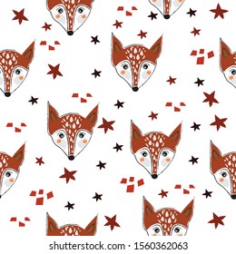 Seamless fox pattern with cute stars and abstract shapes. Cute Scandinavian Style