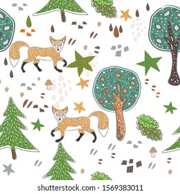 Seamless fox pattern with cute trees, stars, foxes and abstract shapes. Cute Scandinavian Style. 