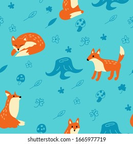 Seamless fox vector pattern in forest. Teal and orange flowers leaves tree stump mushroom natural forest pattern for wallpaper textile fabric designs. Cute vector illustrations in hand drawn style.