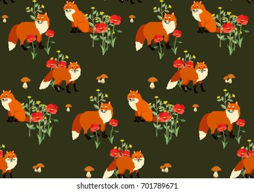 Seamless fox and wood pattern isolated on background. Vector illustration