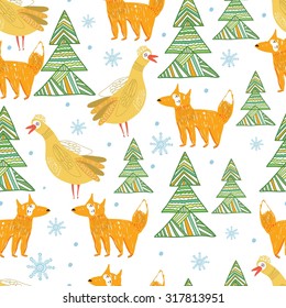 Seamless Fox and yellow bird, winter forest, happy, pattern in vector.