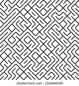 Seamless fractal line maze pattern. Truchet tiled labyrinth background. Geometric irregular backdrop