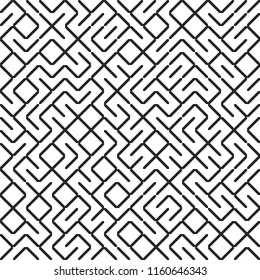 Seamless fractal line maze pattern. Truchet tiled labyrinth background. Geometric irregular backdrop