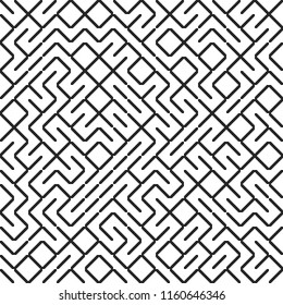 Seamless fractal line maze pattern. Truchet tiled labyrinth background. Geometric irregular backdrop
