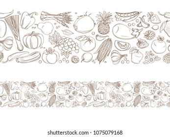 Seamless frame border background pattern of green organic fresh tropical fruits and vegetables. Vector illustration. Sketch doodle outline line design. White backdrop top view grocery products