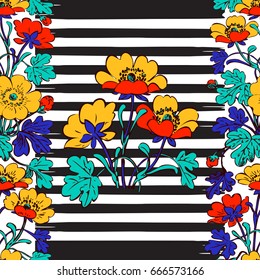 Seamless frame botanical bush with tropical flowers vintage print stripes pattern retro spring summer background vector illustration design, fashion, shirt, textile, greeting card, invitation, wedding