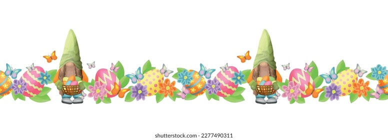 Seamless frame with cute gnomes and Easter eggs on a background of leaves, flowers and butterflies. Eggs in pink, yellow and orange.