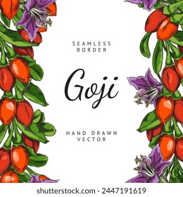 Seamless frame with an empty space for text, hand-drawn with red goji berries, purple flowers, leaves and petals. Vector illustrations for organic food and dietary nutrition.