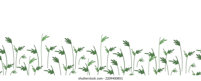 Seamless frame with flower stems in shades of green on a white background. Botanical border, banner for placing text, etc.Rectangular vector illustration in naive style for promotion, discounts.