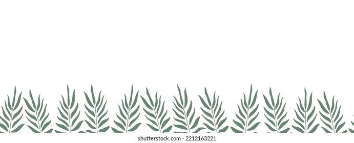Seamless frame with green tropical leaves on a white background. Botanical border, banner for placing text, etc. Fern. Rectangular vector illustration in naive style.